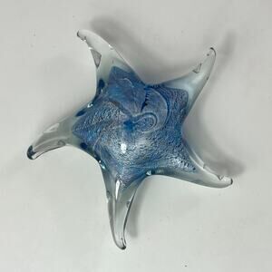 Blue Silver Art Glass Starfish Paperweight Mouthblown Handmade Figurine Decor